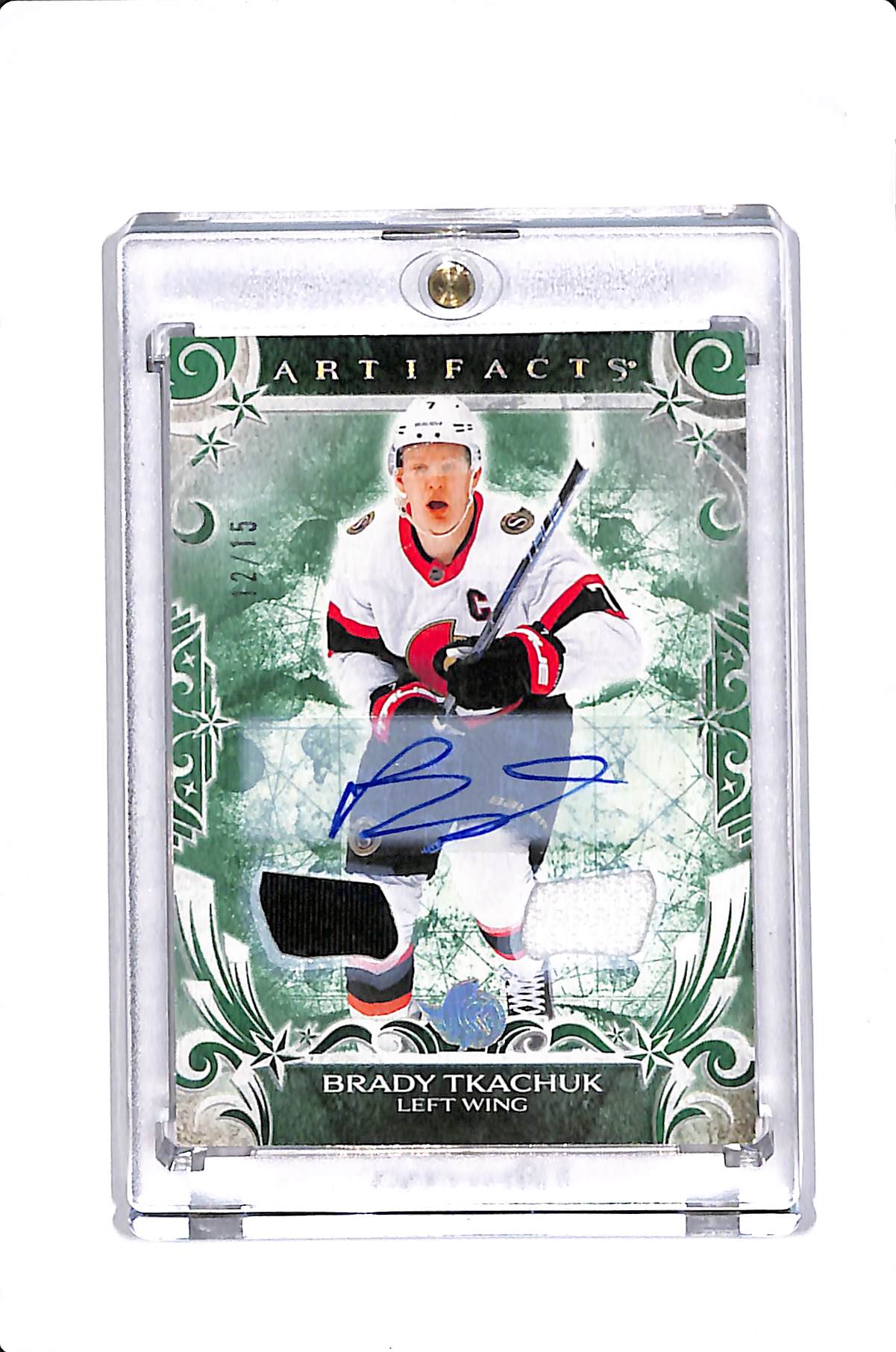 2023-25 UPPER DECK ARTIFACTS BRADY TKACHUK EMERALD AUTO MATERIALS /15 #127