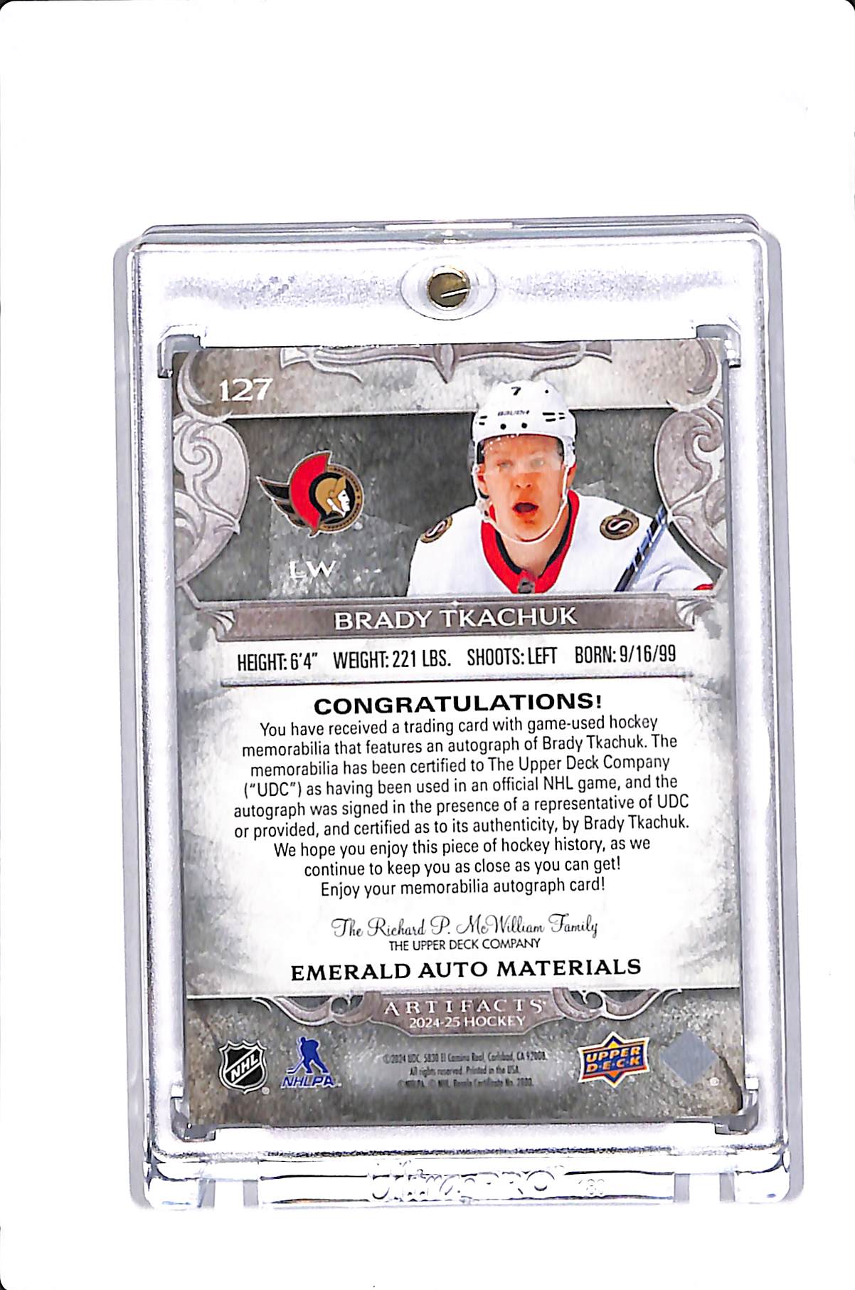 2023-25 UPPER DECK ARTIFACTS BRADY TKACHUK EMERALD AUTO MATERIALS /15 #127