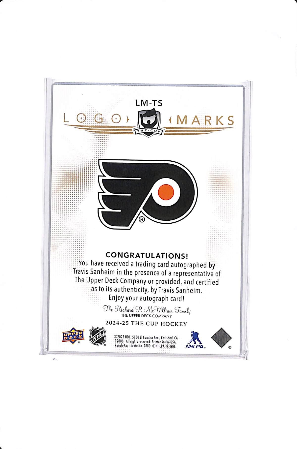 2024-25 THE CUP TRAVIS SANHEIM LOGO MARKS AUTO /15 #LM-TS