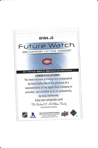 2022-23 UPPER DECK SP AUTHENTIC JURAJ SLAFKOVSKY RETRO FUTURE WATCH AUTO /199 #RFWA-JS