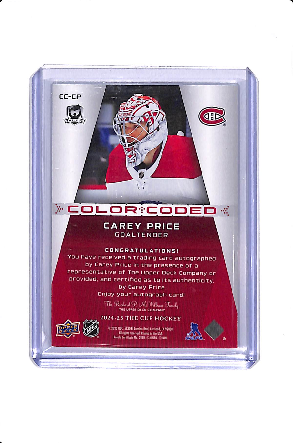 2024-25 THE CUP HOCKEY CAREY PRICE COLOR CODED AUTO /35 #CC-CP