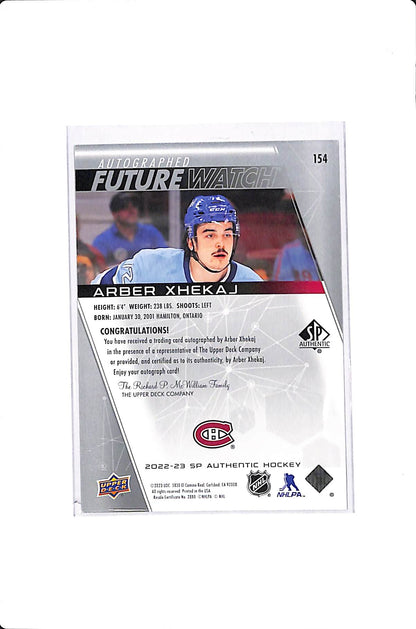 2022-23 UPPER DECK SP AUTHENTIC ARBER XHEKAJ FUTURE WATCH AUTO /999 #154