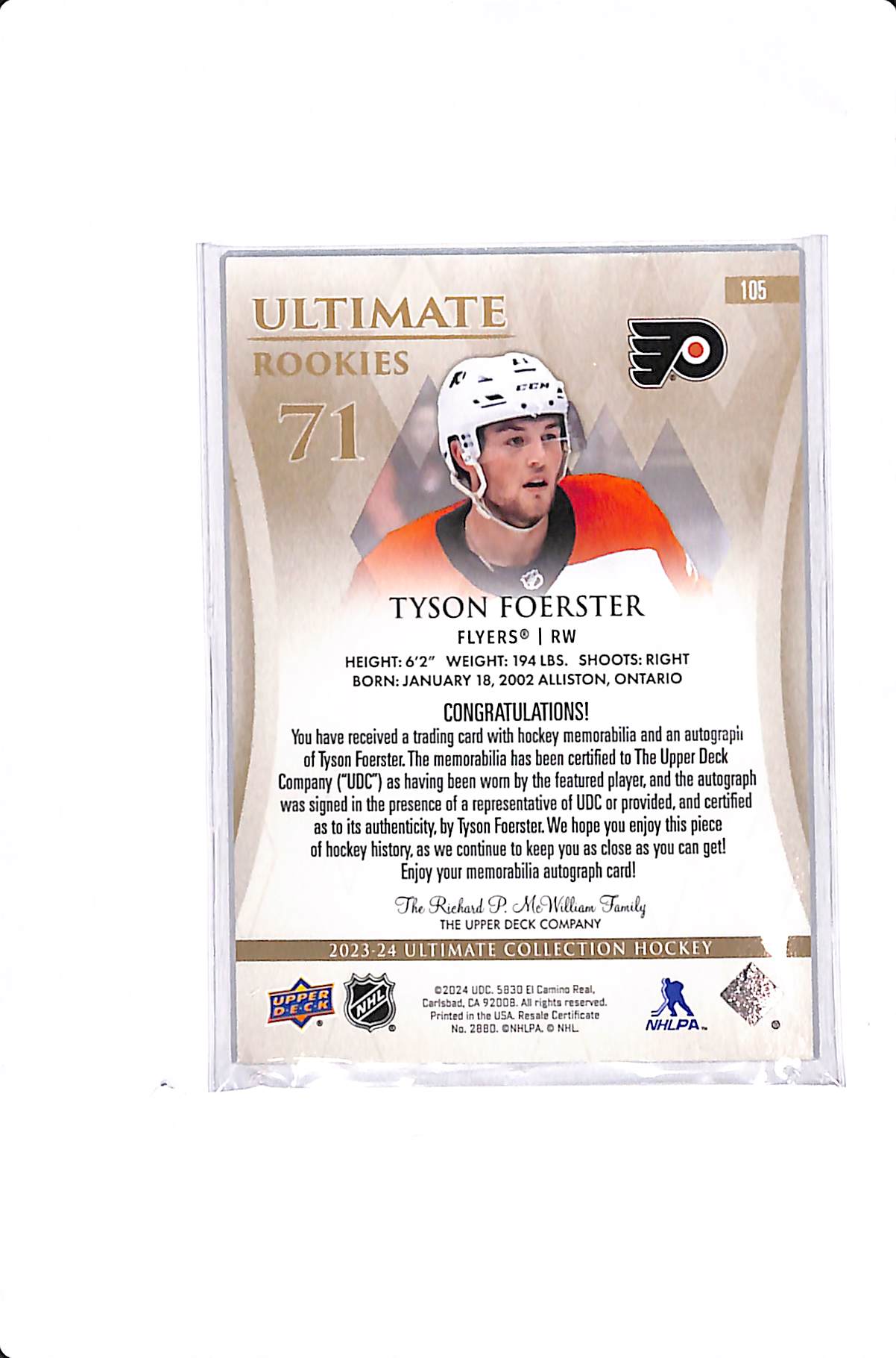 2023-24 UPPER DECK ULTIMATE TYSON FOERSTER ROOKIE PATCH AUTO /99 #105