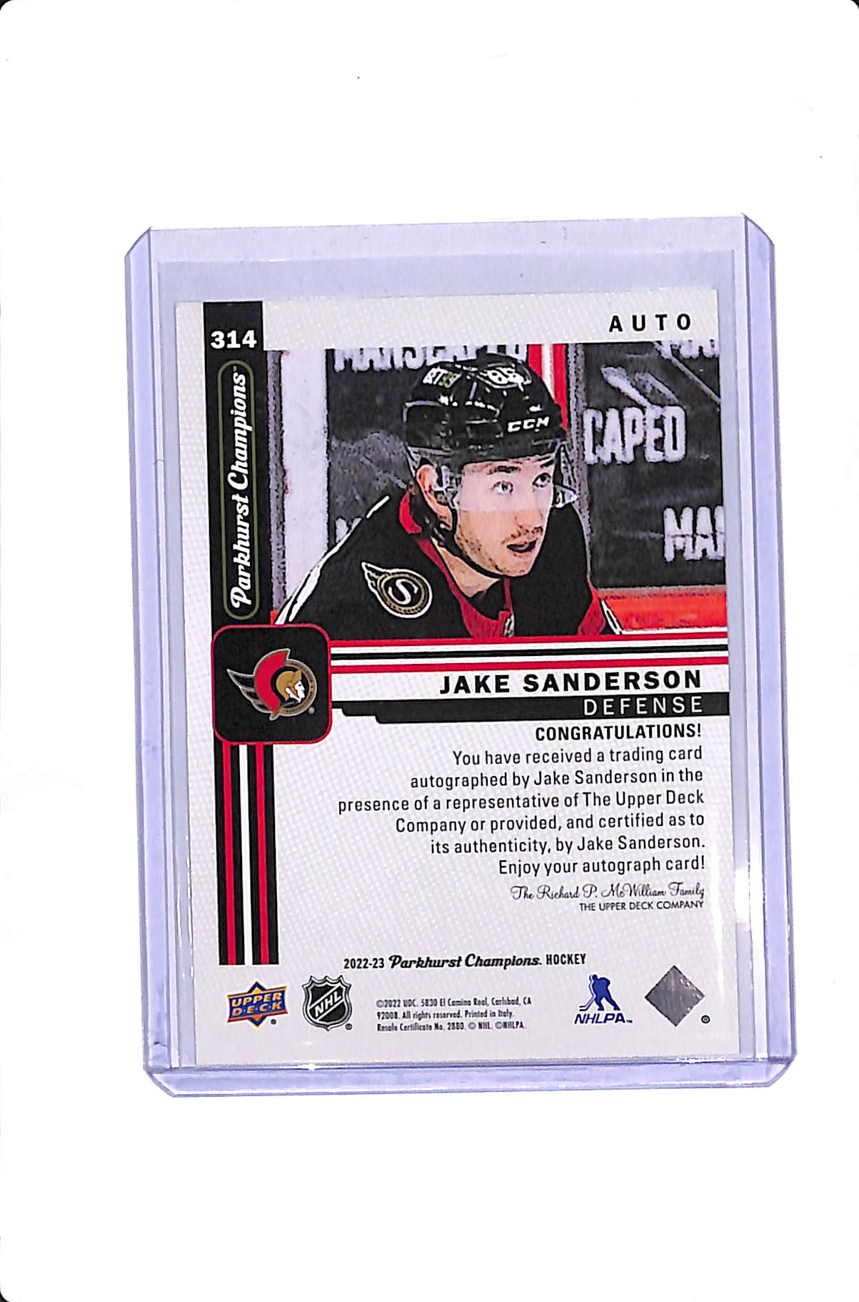 2022-23 UPPER DECK PARKHURST CHAMPIONS JAKE SANDERSON ROOKIE AUTO #314
