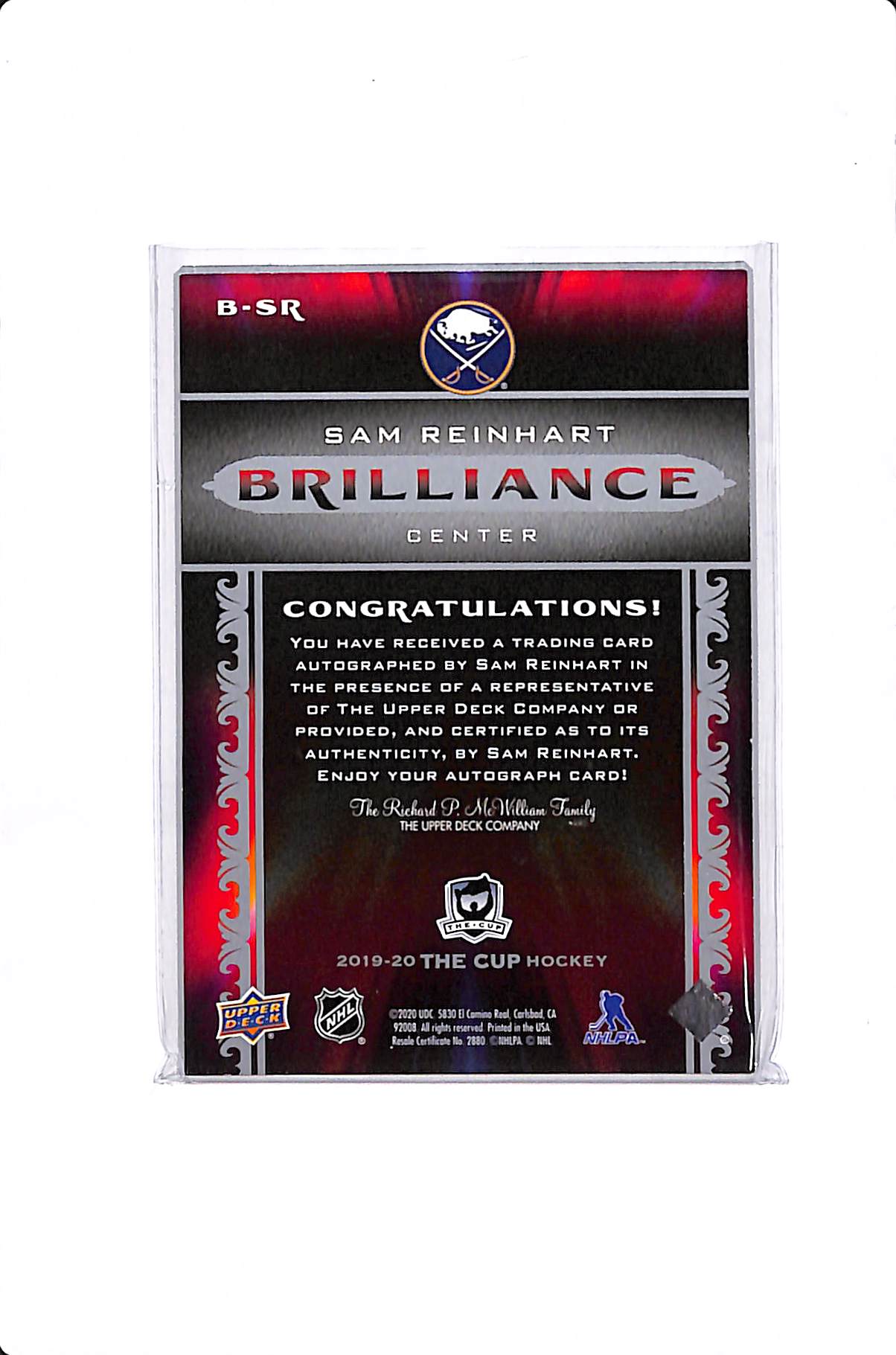2019-20 UPPER DECK THE CUP SAM RIENHART BRILLIANCE AUTO #B-SR