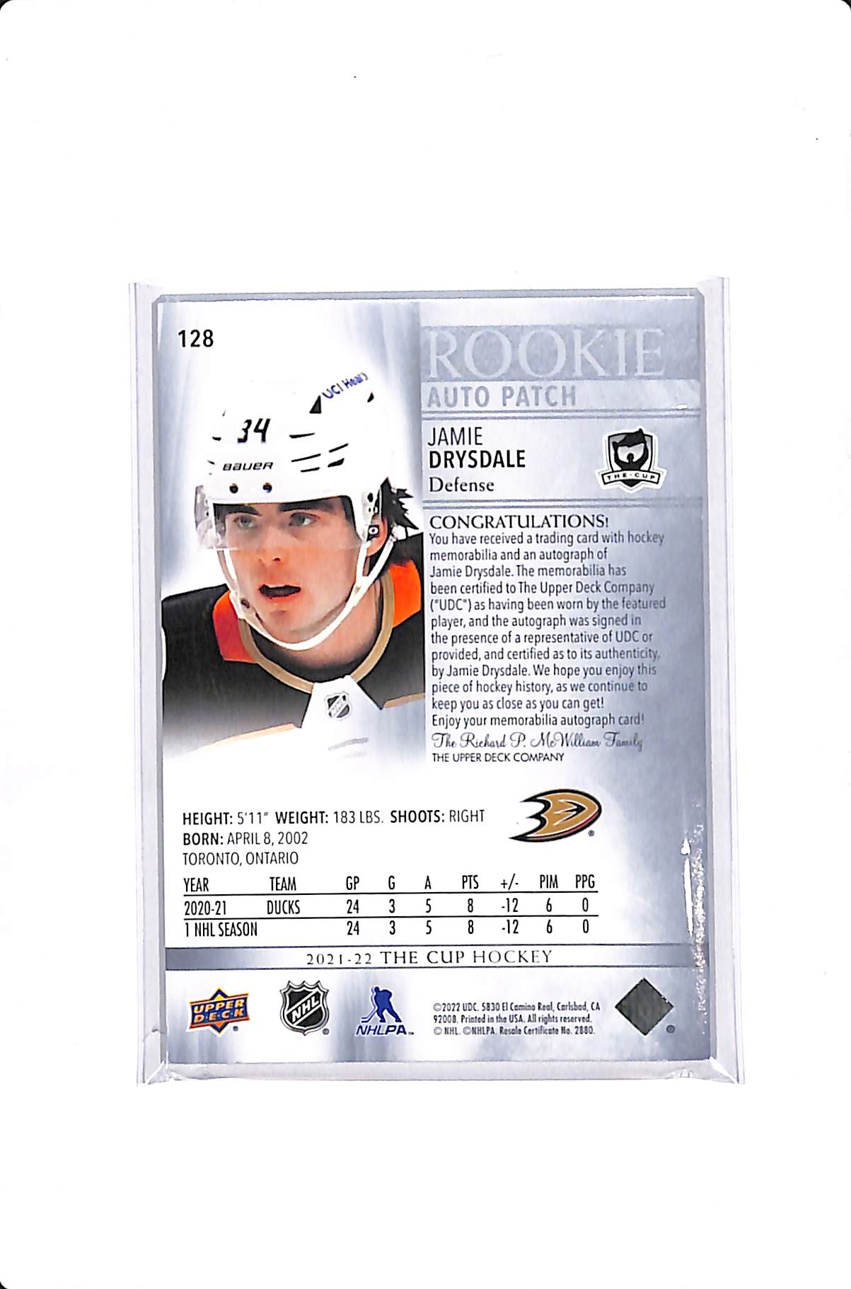 2021-22 UPPER DECK THE CUP JAMIE DRYSDALE ROOKIE AUTO PATCH /249 #128 3 CLR