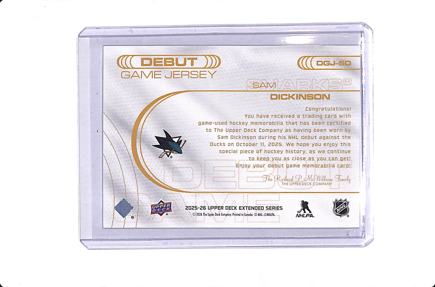 2025-26 UPPER DECK EXTENDED SERIES SAM DICKINSON DEBUT GAME JERSEY #DGJ-SD