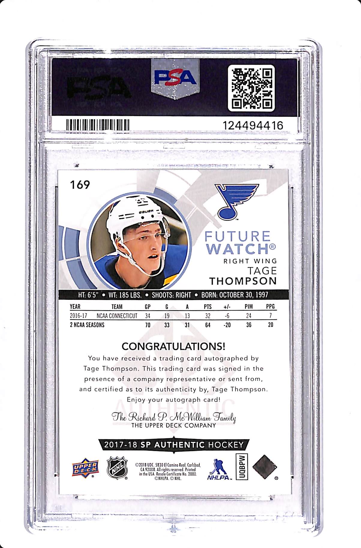 2017 UPPER DECK SP AUTHENTIC TAGE THOMPSON FUTURE WATCH AUTO /999 PSA 9 #169
