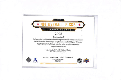 2025-26 UPPER DECK CHICAGO BLACKHAWKS CENTENNIAL CONNOR BEDARD #1 OVERALL PICKS PATCH #ONE-2