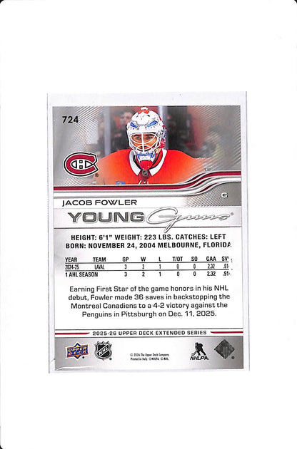 2025-26 UPPER DECK EXTENDED SERIES JACOB FOWLER YOUNG GUNS #724