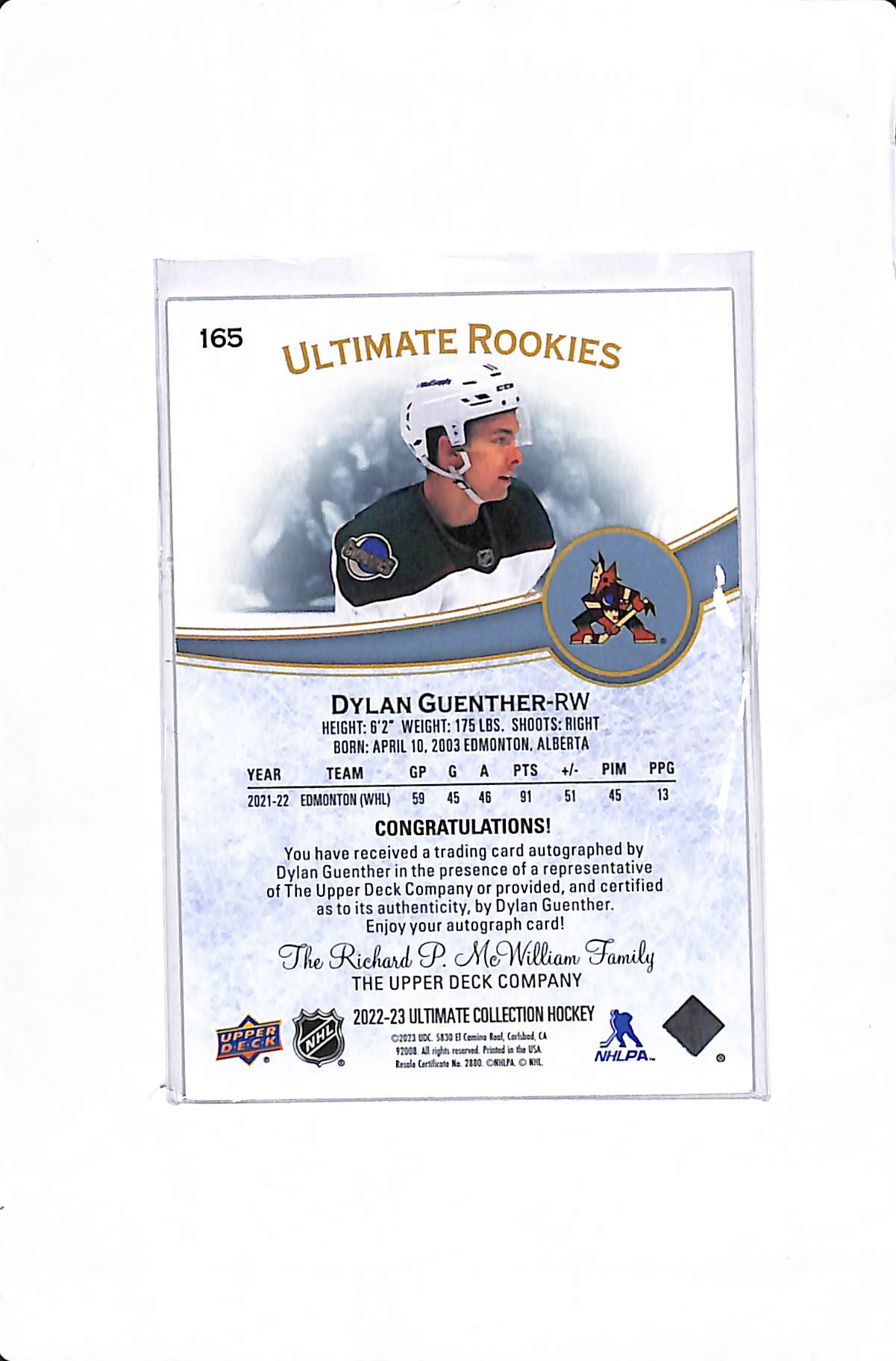 2022-23 UPPER DECK ULTIMATE DYLAN GUENTHER ULTIMATE ROOKIES AUTO /299 #165