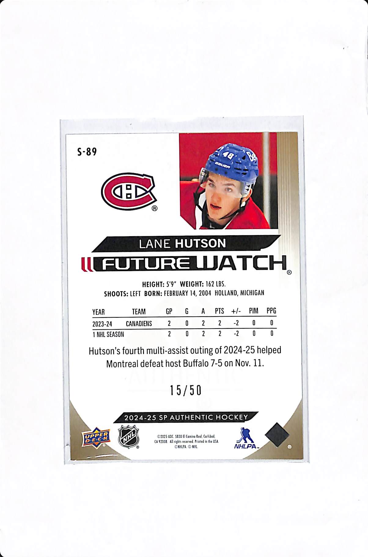 2024-25 UPPER DECK SP AUTHENTIC LANE HUTSON FUTURE WATCH SPECTRUM FX LEVEL 3 /50 #S-89
