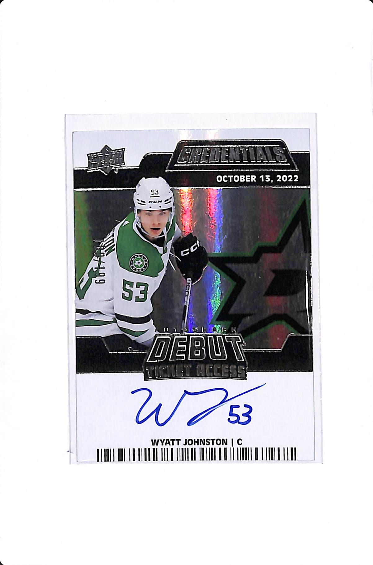 2022-23 UPPER DECK CREDENTIALS WYATT JOHNSTON AUTOGRAPH DEBUT TICKET ACCESS RC /199 #DTAA-WJ
