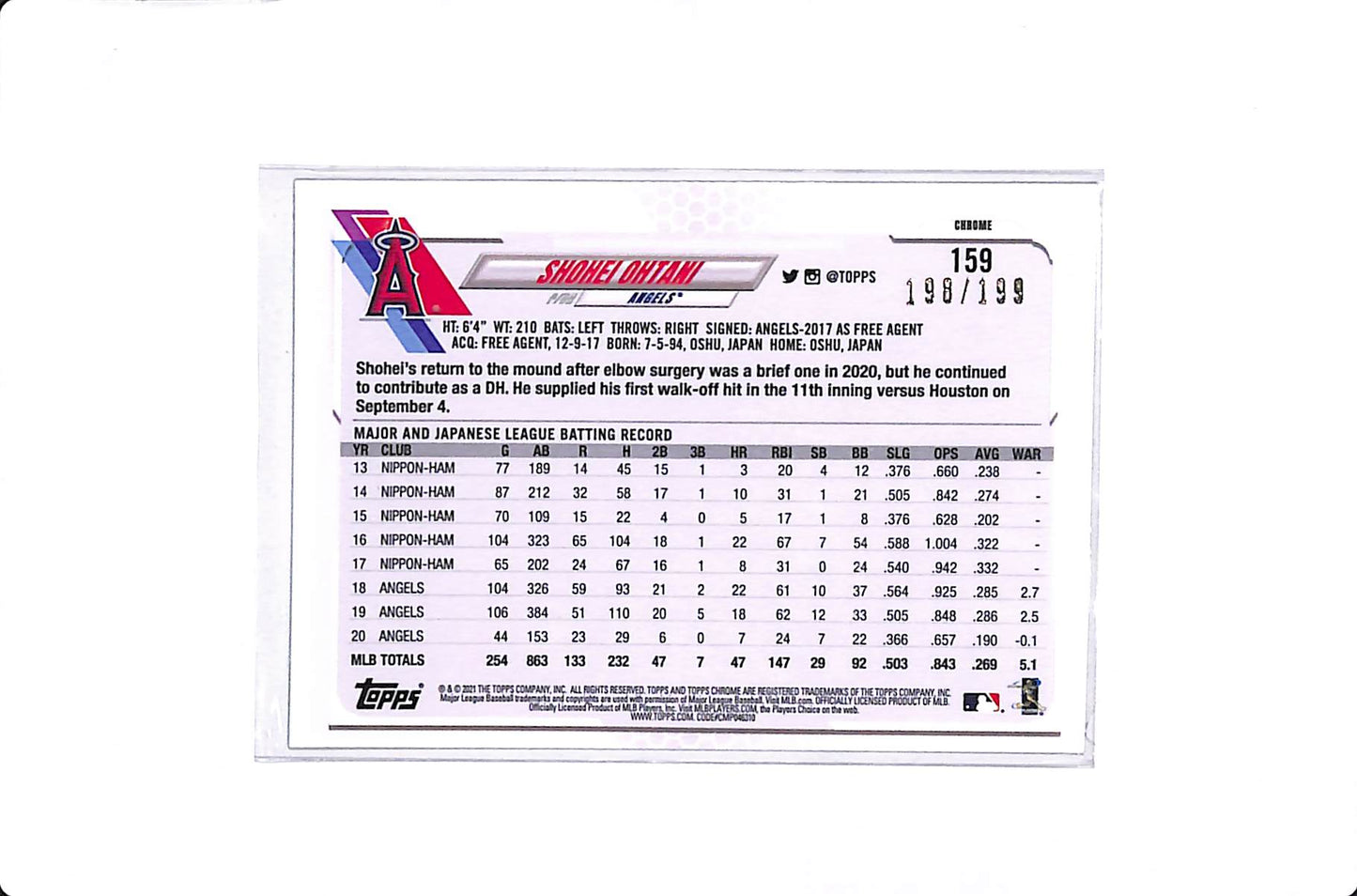 2021 TOPPS CHROME SHOHEI OHTANI AQUA REFRACTOR /199 #159