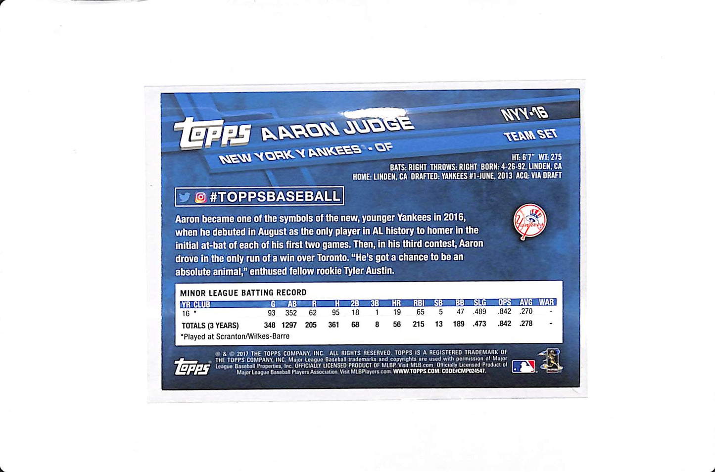 2017 TOPPS TEAM SET AARON JUDGE ROOKIE #NYY-16