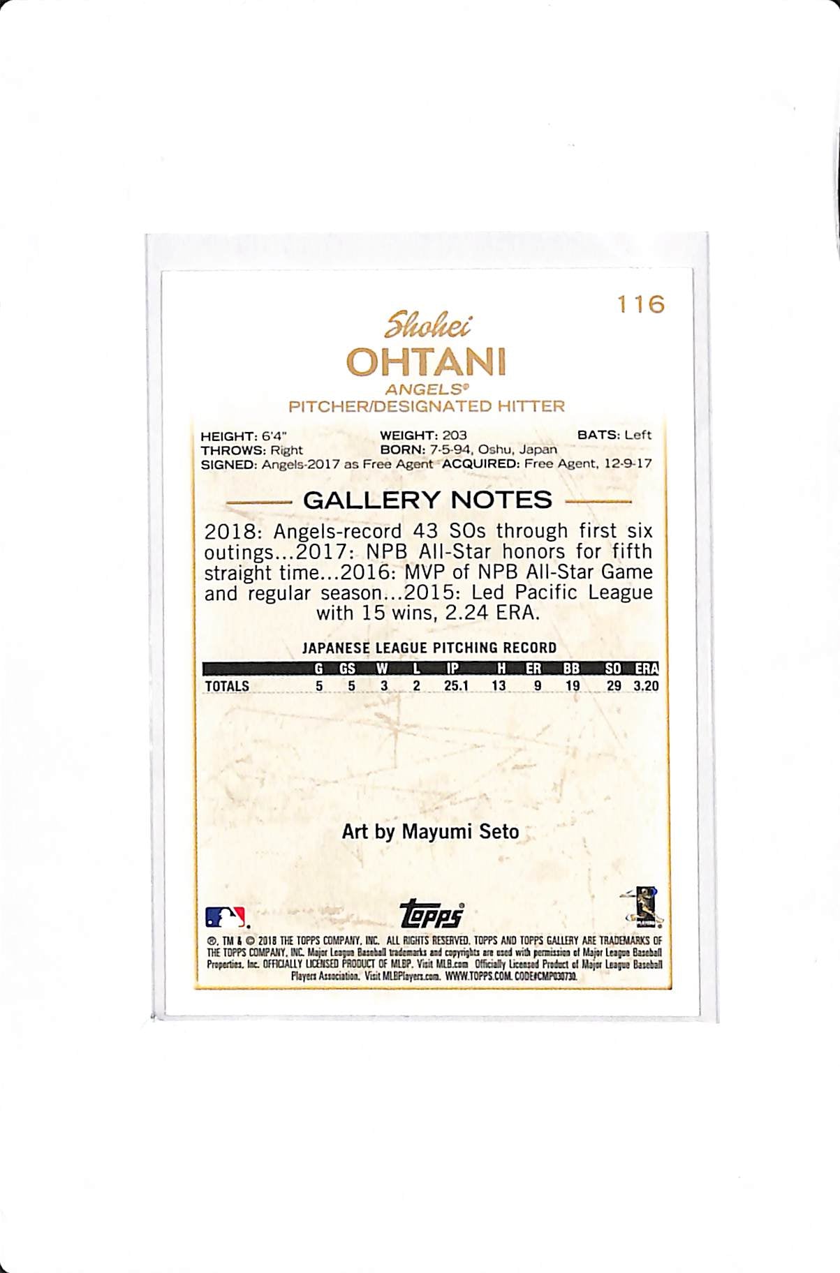 2018 TOPPS GALLERY SHOHEI OHTANI ROOKIE #116 ART BY MAYUMI SETO
