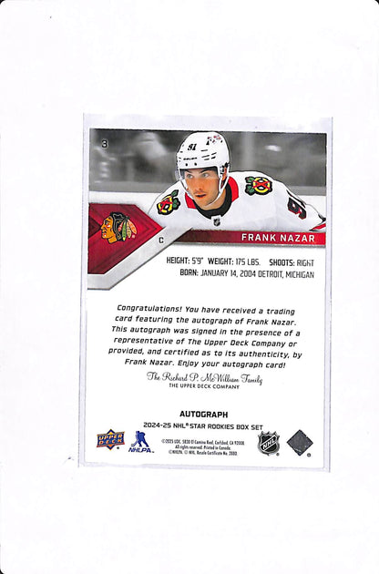 2024-25 UPPER DECK NHL STAR ROOKIES BOX SET FRANK NAZAR AUTO #3