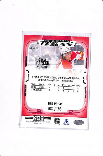 2025-26 O-PEE-CHEE PLATINUM ZAYNE PAREKH RED PRISM MARQUEE ROOKIE /199 #209