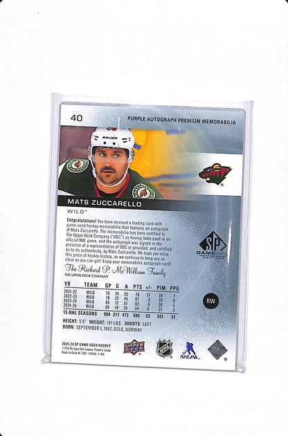 2025-26 UPPER DECK SP GAME USED MATS ZUCCARELLO PREMIUM PATCH AUTO /15 #40