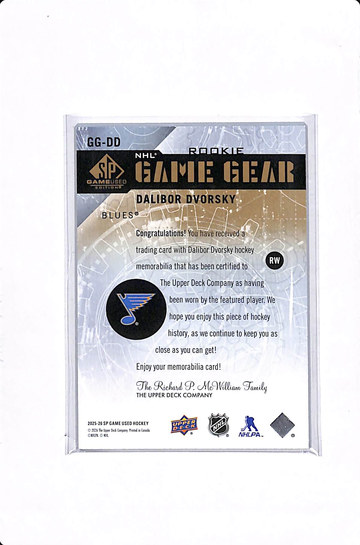 2025-26 UPPER DECK SP GAME USED DALIBOR DVORSKY ROOKIE NHL GAME GEAR /25 #GG-DD