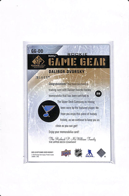 2025-26 UPPER DECK SP GAME USED DALIBOR DVORSKY ROOKIE NHL GAME GEAR /25 #GG-DD