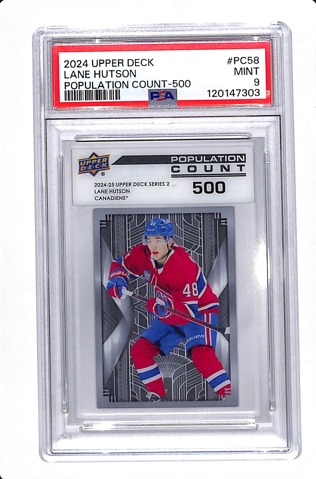 2024-25 UPPER DECK SERIES 2 LANE HUTSON RC POPULATION COUNT 500 PSA 9 #PC58