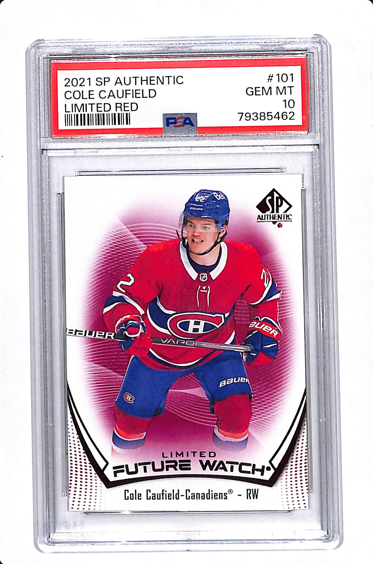 2021-22 UPPER DECK SP AUTHENTIC COLE CAUFIELD LIMITED RED FUTURE WATCH PSA 10 #101