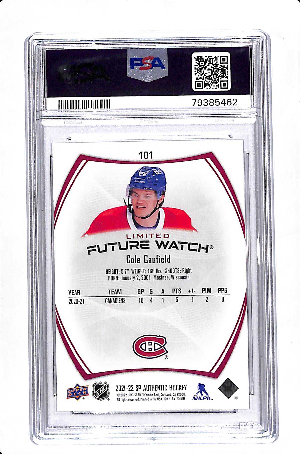 2021-22 UPPER DECK SP AUTHENTIC COLE CAUFIELD LIMITED RED FUTURE WATCH PSA 10 #101