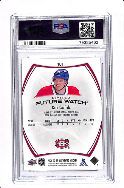 2021-22 UPPER DECK SP AUTHENTIC COLE CAUFIELD LIMITED RED FUTURE WATCH PSA 10 #101