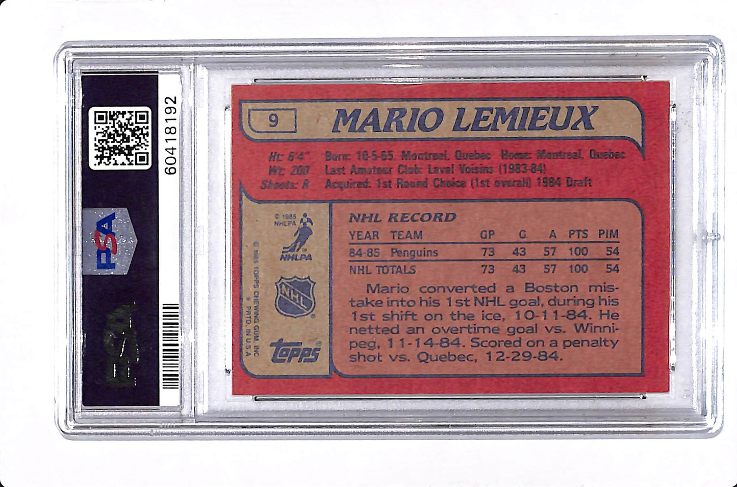 1985 TOPPS MARIO LEMIEUX ROOKIE PSA 6 #9