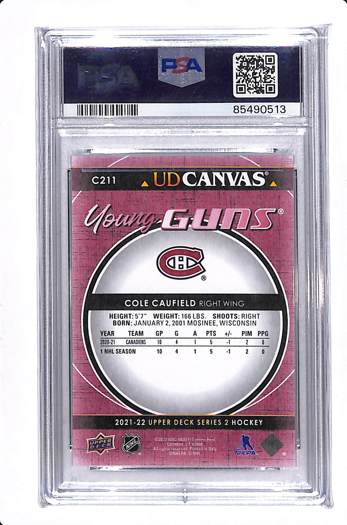2021-22 UPPER DECK SERIES 2 COLE CAUFIELD YOUNG GUNS CANVAS PSA 10 #C211