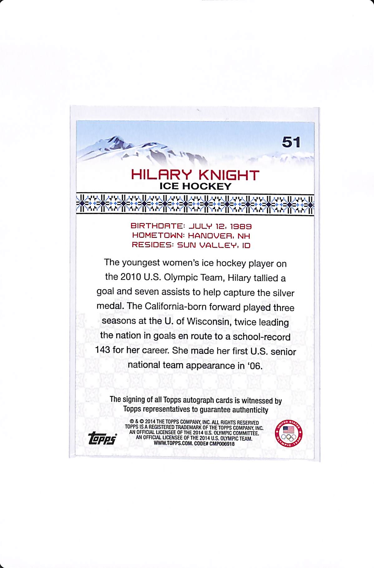 2014 TOPPS USA OLYMPIC TEAM WOMEN'S HILARY KNIGHT AUTO #51