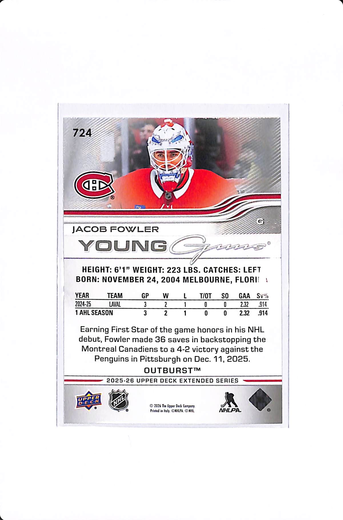 2025-26 UPPER DECK EXTENDED SERIES JACOB FOWLER OUTBURST YOUNG GUNS #724