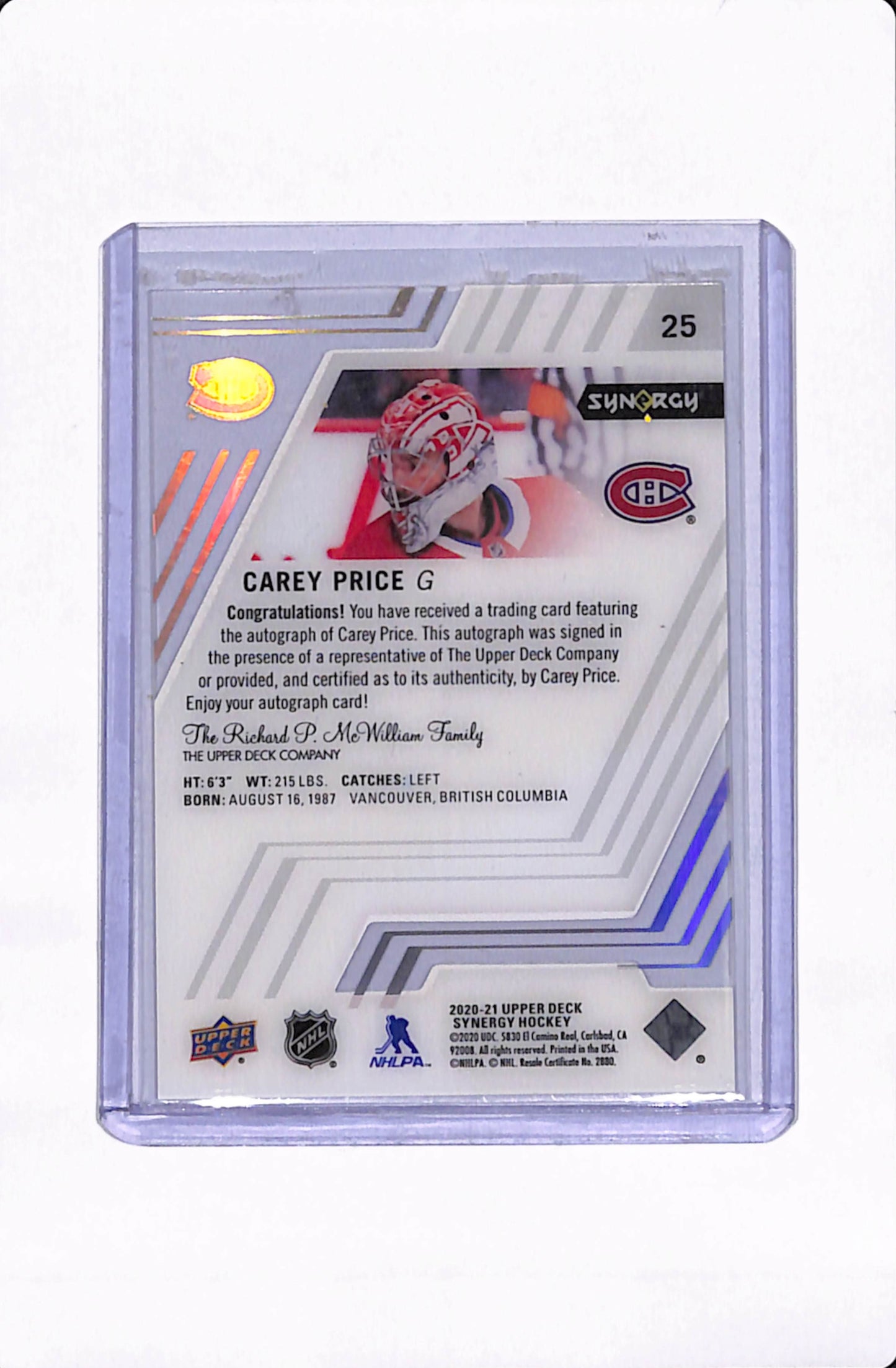 2020-21 UD SYNERGY HOCKEY CAREY PRICE AUTO /21
