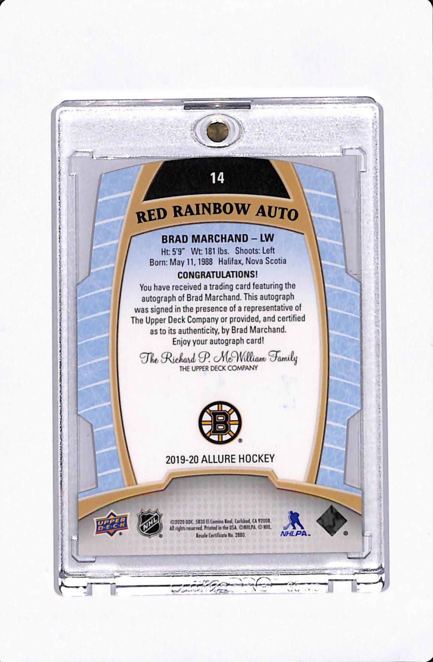 2019-20 ALLURE HOCKEY BRAD MARCHAND RED RAINBOW AUTO DIE-CUT