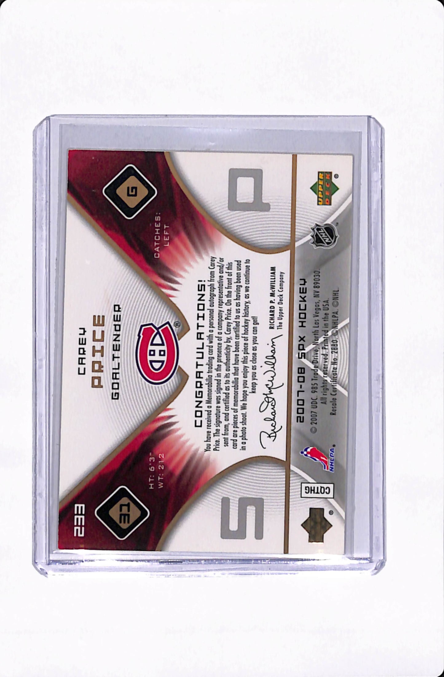 2007-08 SPX HOCKEY CAREY PRICE PATCH AUTO /499