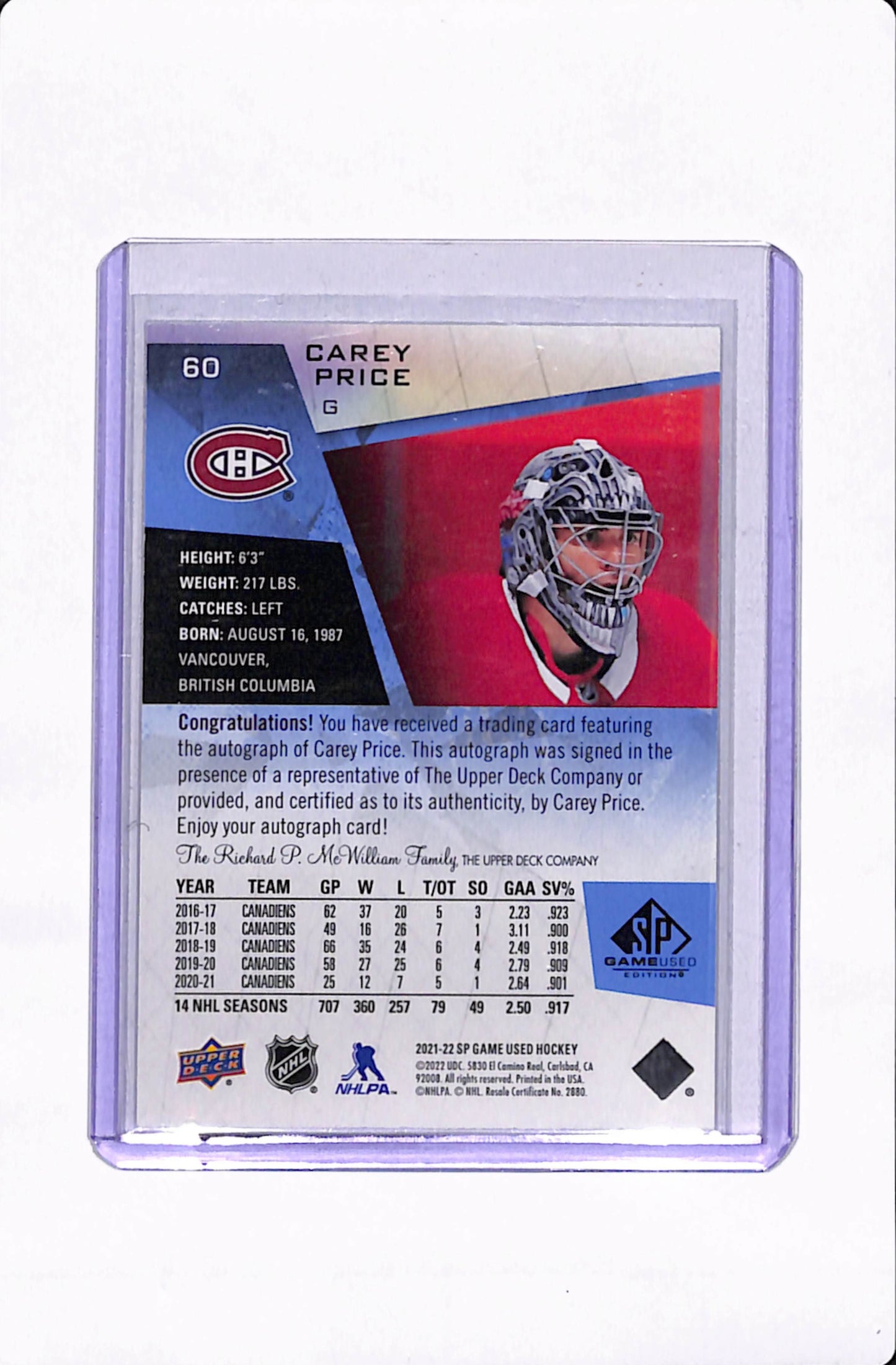 2021-22 SP GAME USED CAREY PRICE AUTO BLUE INK