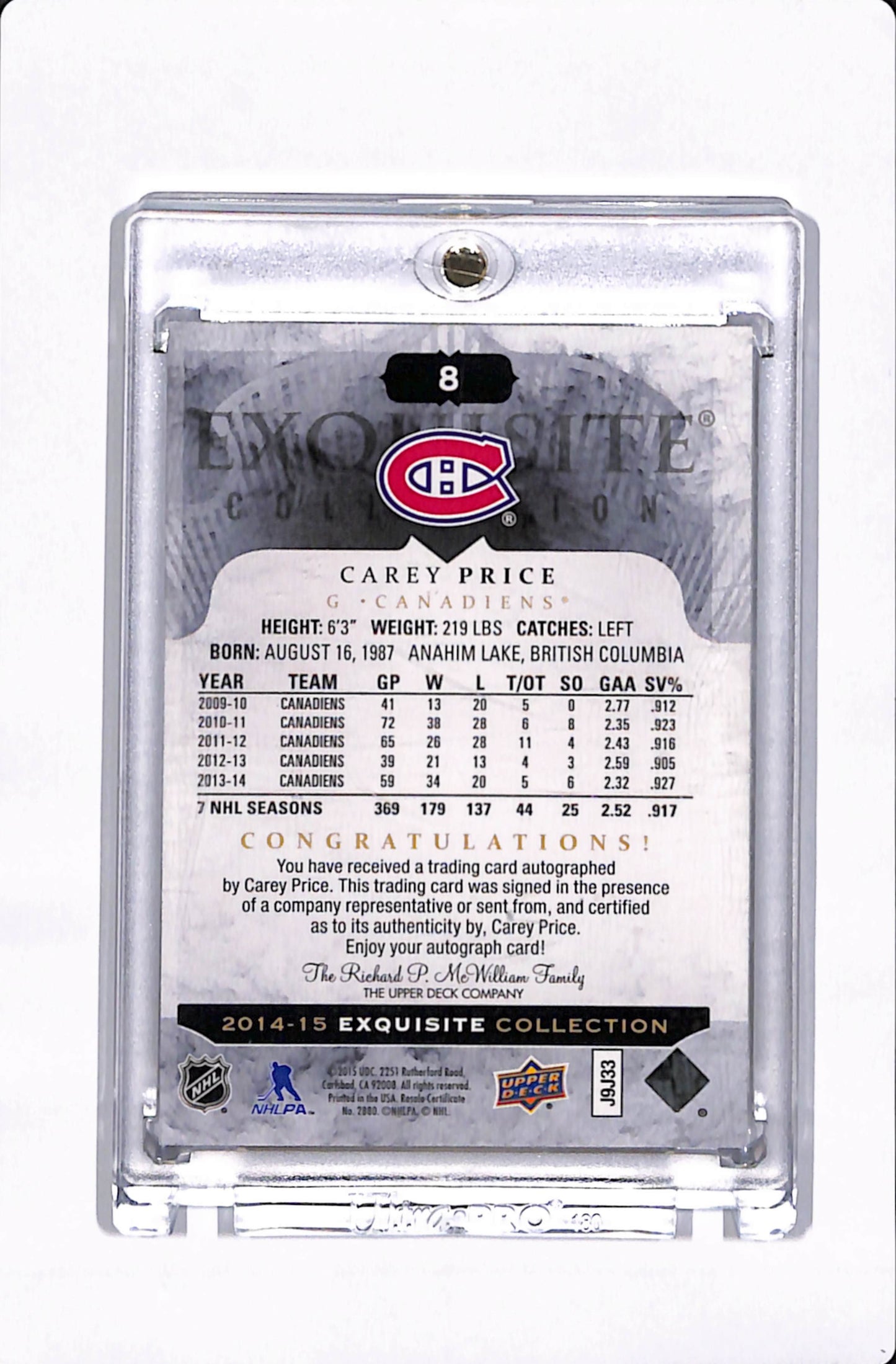 2014-15 EXQUISITE COLLECTION CAREY PRICE AUTO /25