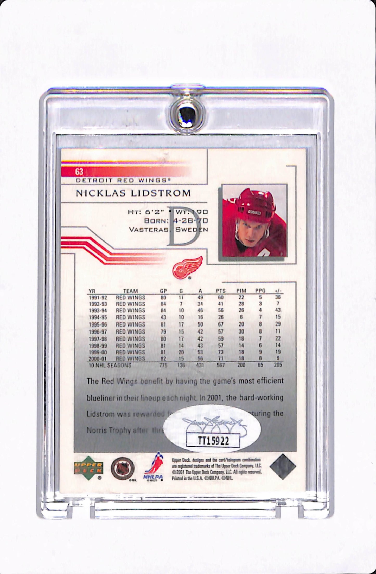2001 UPPER DECK NICKLAS LIDSTROM AUTO