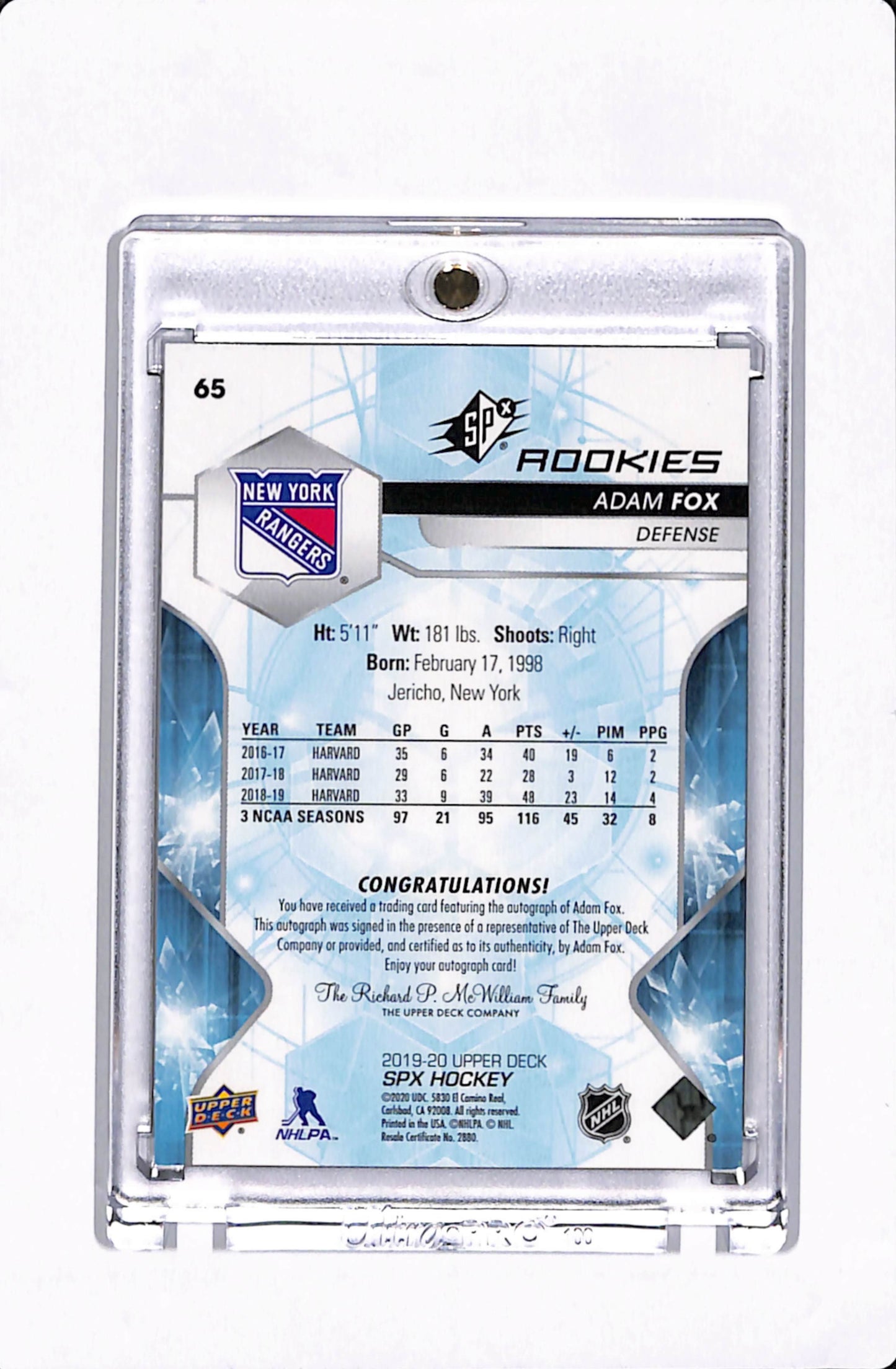 2019-20 UPPER DECK SPX HOCKEY ADAM FOX AUTO /299