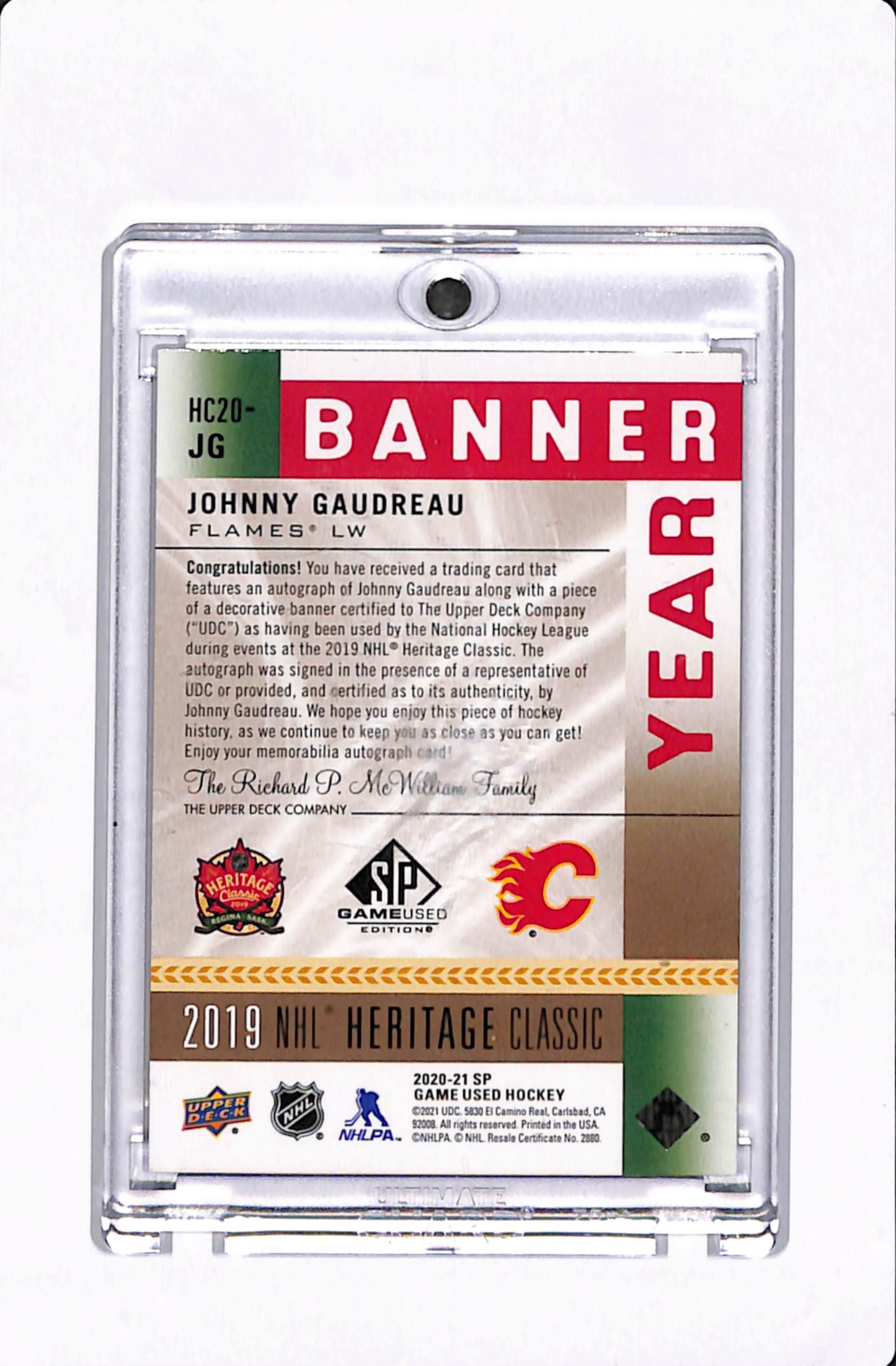 2020-21 SP GAME USED BANNER YEAR JOHNNY GAUDREAU PATCH AUTO /10