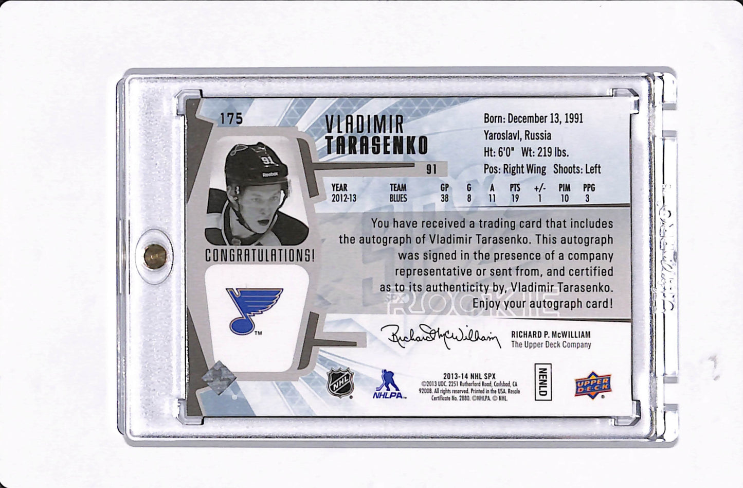 2013-14 SPX VLADIMIR TARASENKO ROOKIE PATCH AUTO /249