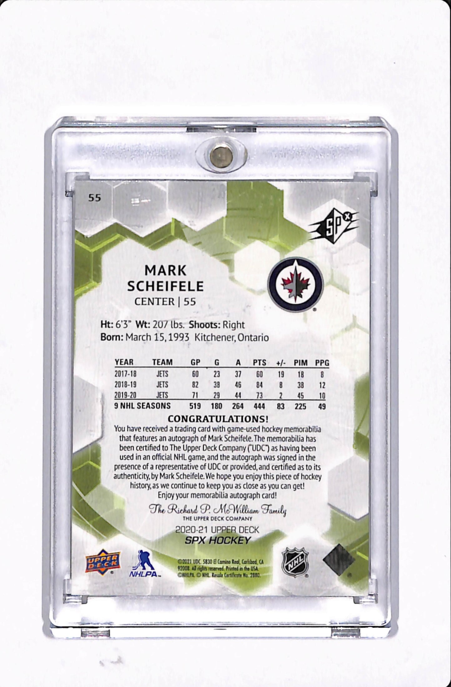 2020-21 SPX HOCKEY MARK SCHEIFELE PATCH AUTO /25