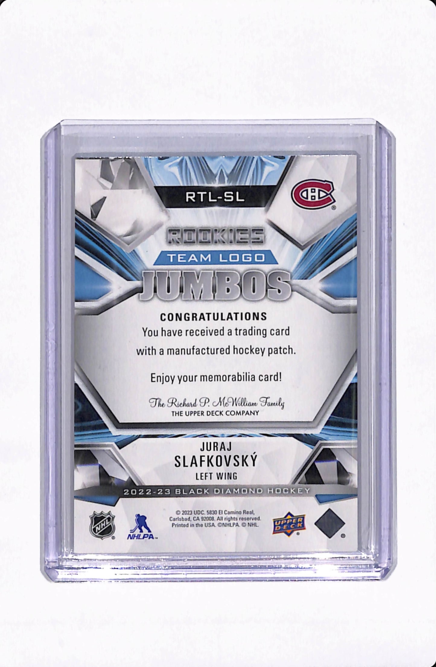2022-23 BLACK DIAMOND ROOKIES TEAM LOGO JUMBOS JURAJ SLAFKOVSKY