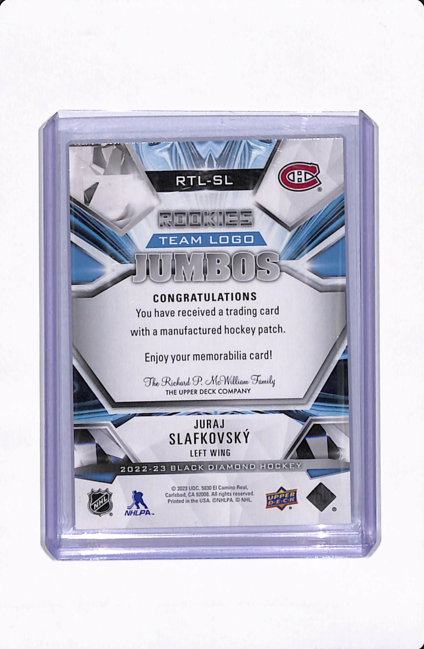 2022-23 UD BLACK DIAMOND JURAJ SLAFKOVSKY ROOKIE TEAM LOGO JUMBOS
