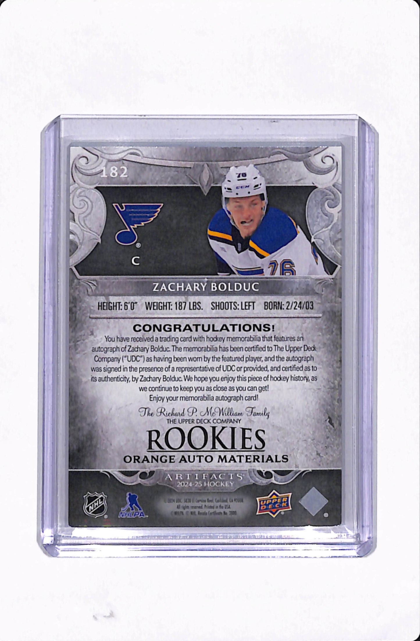 2024-25 ARTIFACTS ZACHARY BOLDUC PATCH AUTO /10