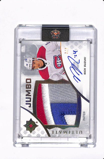 2020-21 ULTIMATE COLLECTION HOCKEY NICK SUZUKI JUMBO PATCH AUTO #'d /3