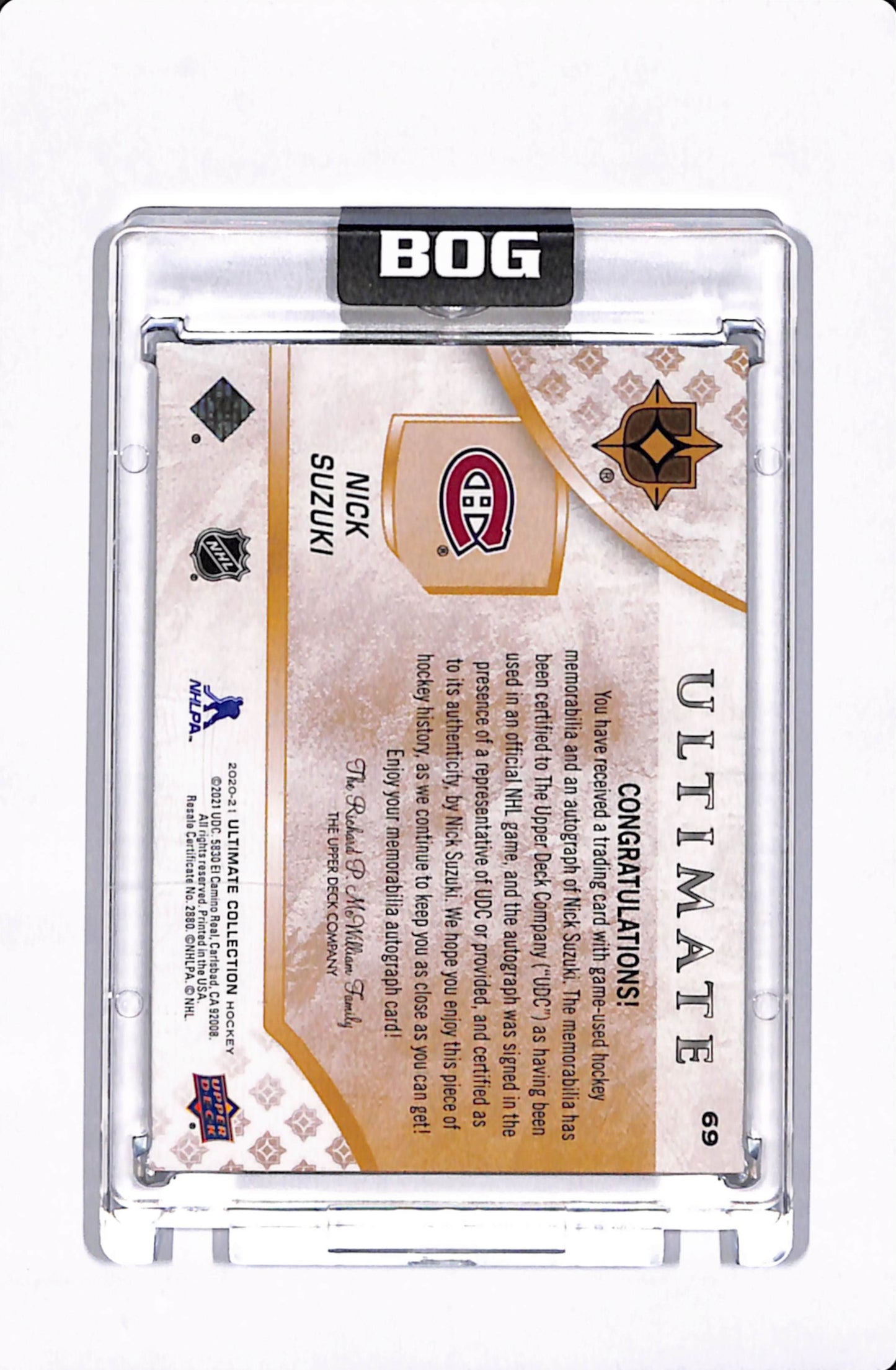 2020-21 ULTIMATE COLLECTION HOCKEY NICK SUZUKI JUMBO PATCH AUTO #'d /3