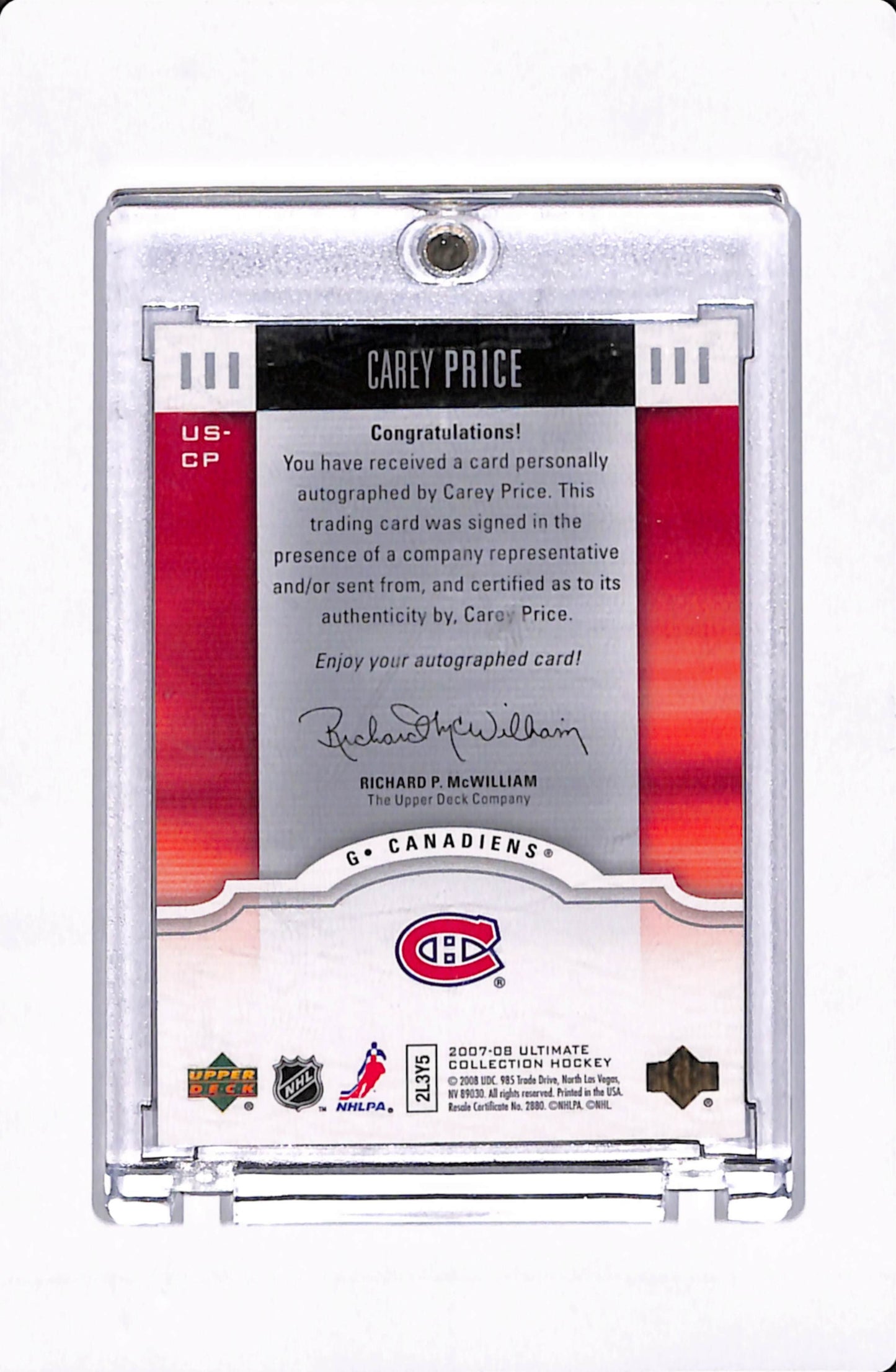 2007-08 ULTIMATE COLLECTION CAREY PRICE ULTIMATE SIGNATURES