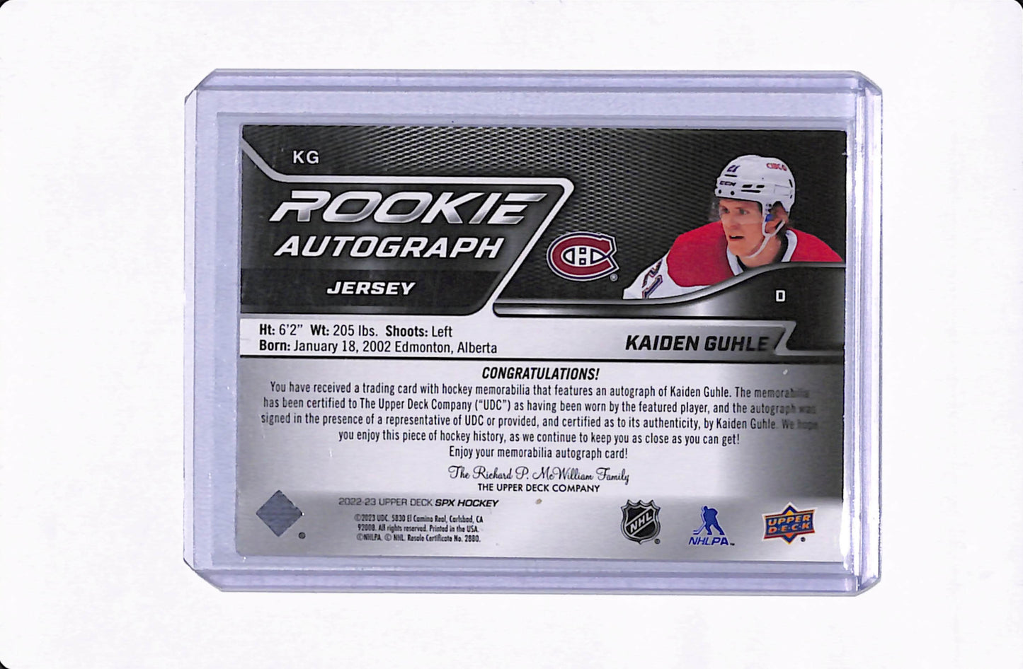 2022-23 UD SPX KAIDEN GUHLE ROOKIE AUTOGRAPH JERSEY /375